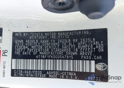 2012 Toyota Camry Le z USA, uszkodzony, nr VIN 4T1BF1FK0CU547915